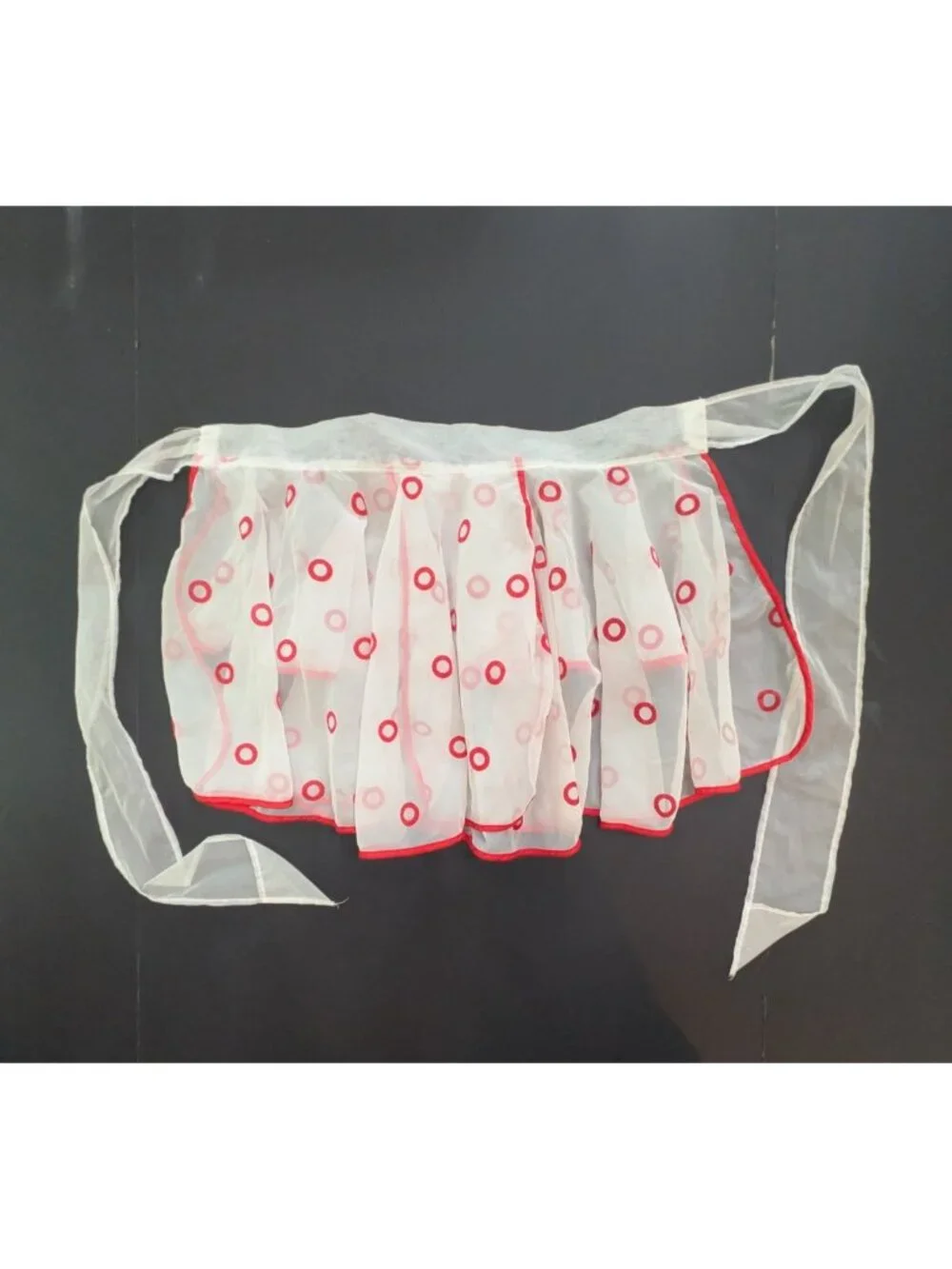Vintage Sheer White Half Apron Embroidered Red Circles and Piping Polka Dot
